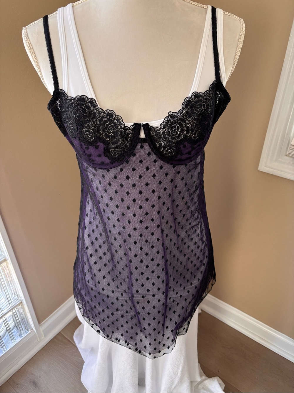 Victoria's Secret Very Sexy Black Purple Lace Babydoll Nightie Negligee Sze 36C